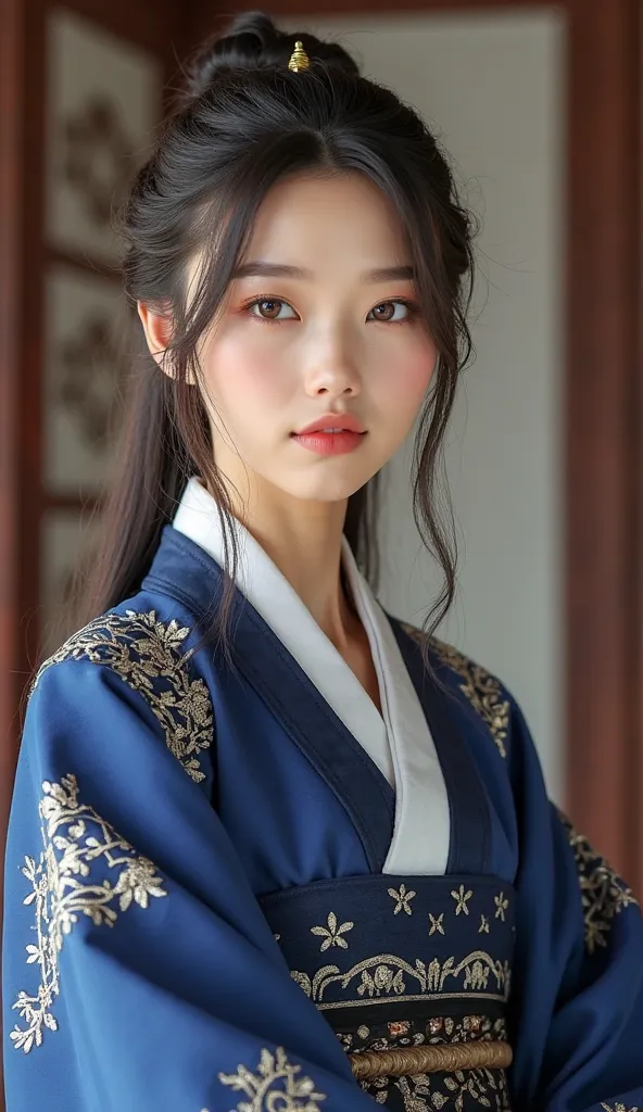 realistic full body 

Age: Mid-20s

Appearance: Long, dark brown hair usually tied up in an elegant yet practical style. Sharp, expressive eyes that reveal her quick wit. She wears intricately embroidered hanbok in deep blue and silver, symbolizing her nob...