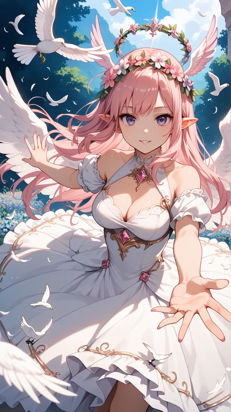 (masterpiece, best quality, amazing quality), amazing composition, (action shot, dynamic perspective, dynamic pose), 1girl, eye reflection, bird, pink hair, long hair, angelic face, dress, solo, breasts, purple eyes, head wings, pointy ears, wings, flower,...