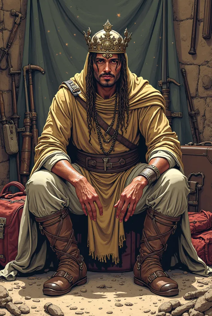 Marvel comic book style illustration of young King Saul biblical era, that he is seated and hidden with a reflective face between luggage and military weapons, pockets, backpacks, tarpaulins, Arcones, trunks, throws, swords. Let the whole body be seen but ...