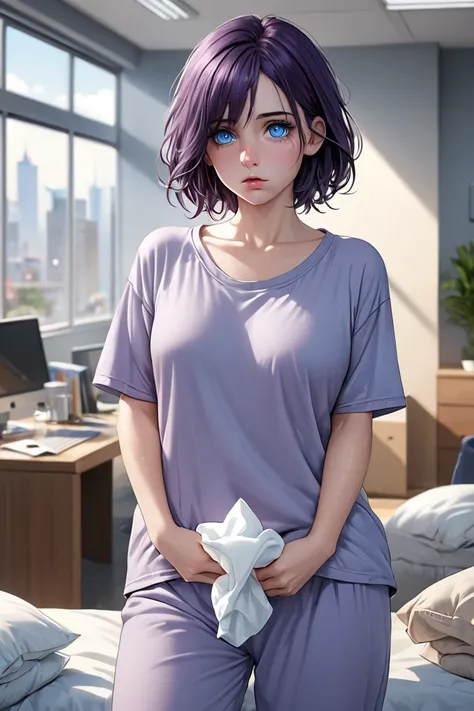 (masterpiece, best quality, 8k, high definition), whole body, woman, short dark purple hair, mid-chest, soft blue eyes, soft lips, caucasian, beautiful face, wearing a comfy grey shirt and pajama pants, natural light, detailed background, Detailed Illustra...