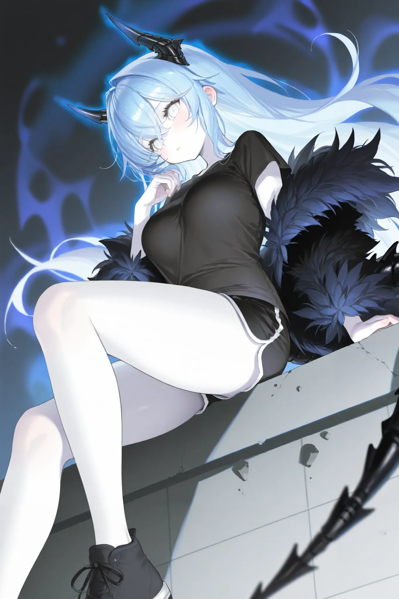 best image quality、High Resolution、 diamond blue hair 、White Eyes、Feather coat、Alien Tail、 Dragon Horn、rooftop、、  black t-shirt 、beautiful breasts、  best thighs、Blue aura、 long hair、best image quality、floating rubble、Xenomorph、Cosmic Aura 、black shorts、 wh...