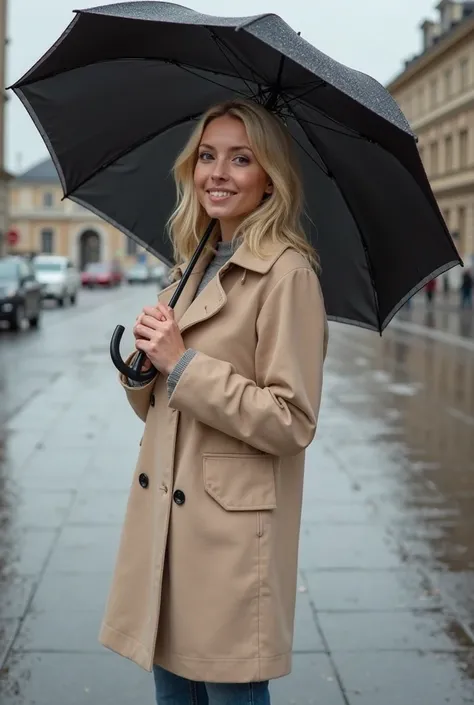 adult woman 25 years old, realistic blonde, standing straight and posing in front of the camera. she stands there as if she is having a photo shoot. she smiles. she holds the automatic umbrella open. an ordinary small umbrella, not a cane. The umbrella is ...