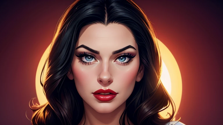 A portrait of a beautiful female whose facial features are a combo of Nigella Lawson + Aria Giovanni. The female's hair is untied and hangs loose. The female has lovely makeup on her face. The female wears red lipstick. Comic-style realism animation mixed ...