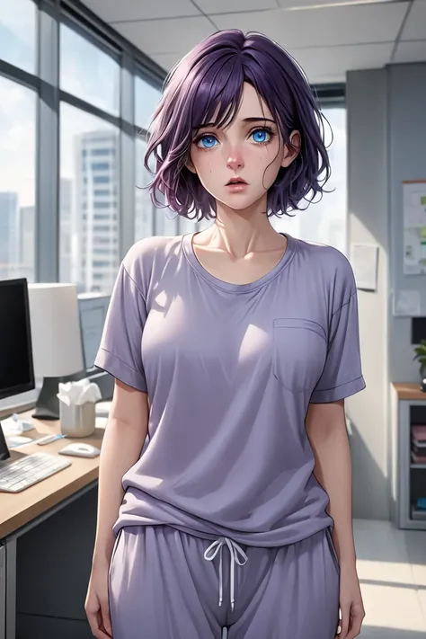 (masterpiece, best quality, 8k, high definition), whole body, woman, short dark purple hair, mid-chest, soft blue eyes, soft lips, caucasian, beautiful face, wearing a comfy grey shirt and pajama pants, natural light, detailed background, Detailed Illustra...