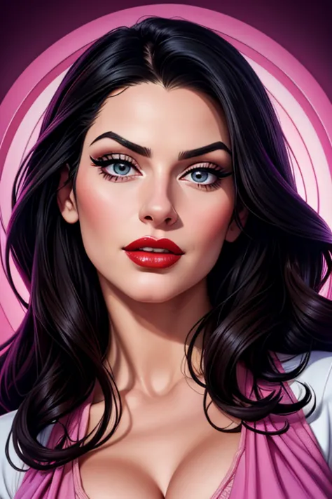 A portrait of a beautiful female whose facial features are a combo of Nigella Lawson + Aria Giovanni. The female's hair is untied and hangs loose. The female has lovely makeup on her face. The female wears red lipstick. Comic-style realism animation mixed ...