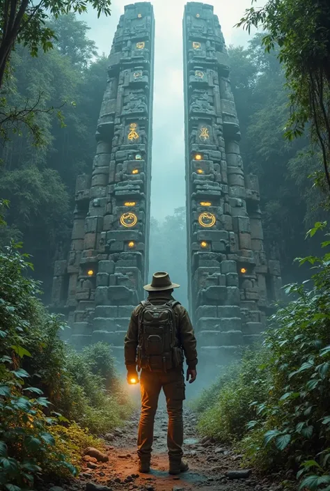 A rugged male explorer in his mid-40s, wearing a weathered brown leather jacket, dusty hiking boots, and a wide-brimmed hat, carries a sturdy backpack and a high-powered flashlight. He stands at the entrance of a colossal ancient alien ruin, its towering s...