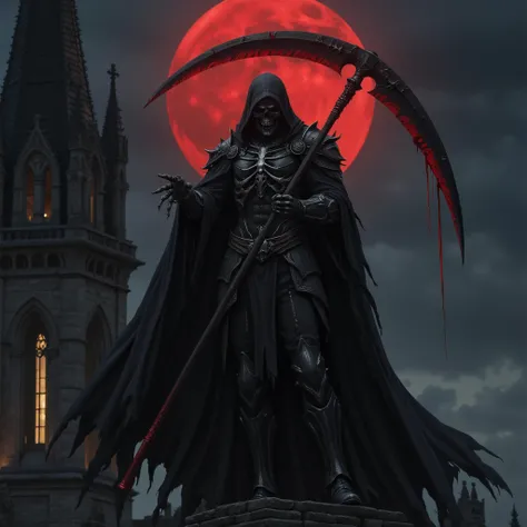 A Grim Reaper The most beautiful, sexy and hot angel of death.standing atop a Gothic church roof, facing the viewer with an unblinking stare, illuminated by an eerie red moonlight casting an ominous glow on his skeletal face; holding a blood-stained scythe...