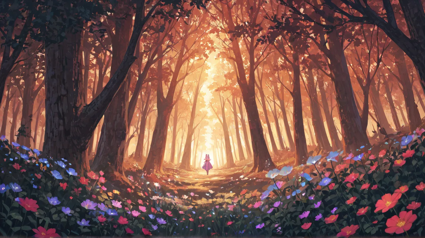  highdefinition images , Deep forest painting 、Flowers and blue trees 々A forest full of、  A mysterious forest where magical beings are hidden in the branches , 8k, （ High Quality Seven Colored Flowers  ）  a forest believed to be inhabited by fairies ,  sof...