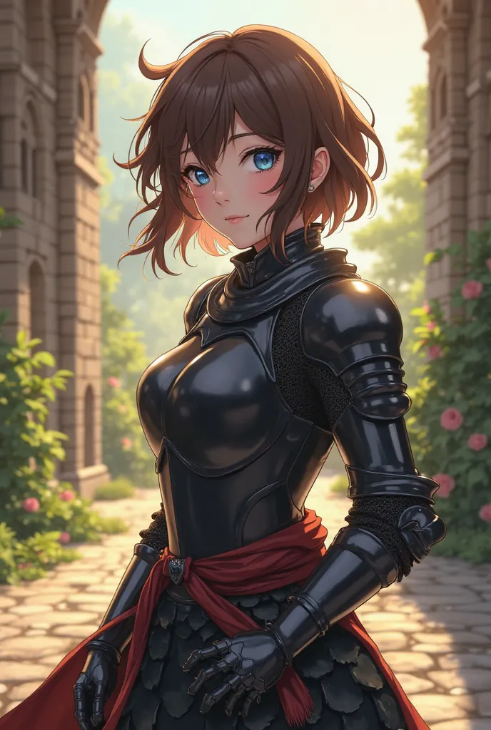 female anime knight with simple black armor, charmingly messy brown hair, blue eyes, detailed facial features, standing heroic pose, medieval fantasy castle courtyard background, sunlight, stone architecture, lush greenery, ethereal atmosphere, intricate c...