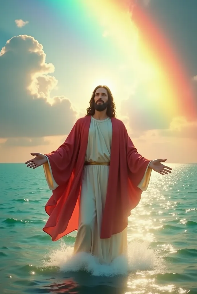 resurrected Jesus in a white robe and a red cloak, standing in front of a calm sea, with a rainbow in the sky that symbolizes the divine alliance.HD