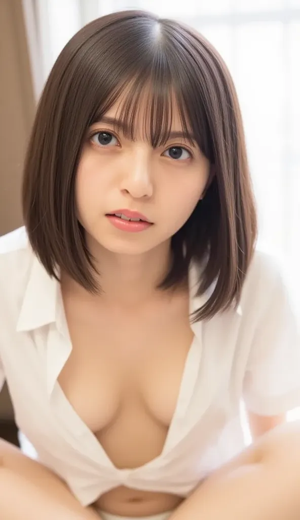 (((  Low angle shot showing your entire cheeks、  biologically accurate images  、      and stare at the camera    :1.22,     lean forward   ,  loose open shirt 、     underwear))),   1 Japanese woman,       hotel room 、    Indirect Lighting、  nudes,Completel...