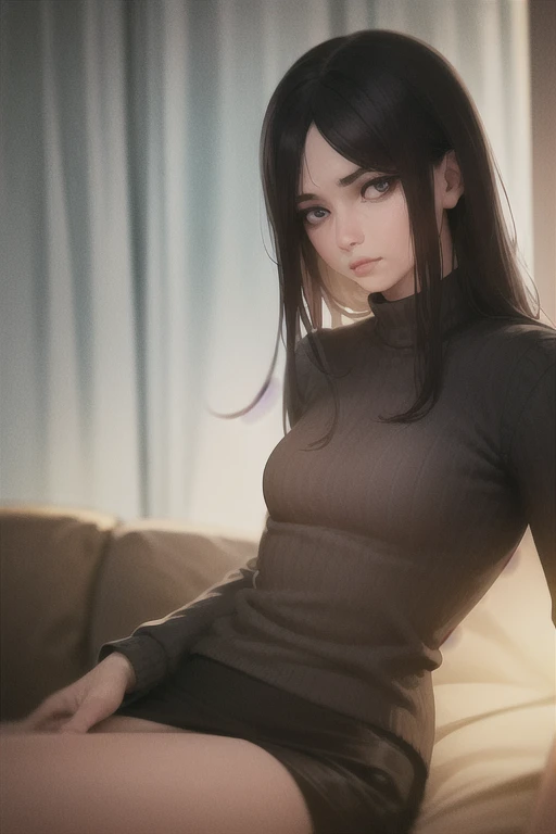 tired milf, long black hair with blue accents, dark blue eyes,  black turtleneck sweater ,  black skirt, sentado en un sofá, apartment with window background.