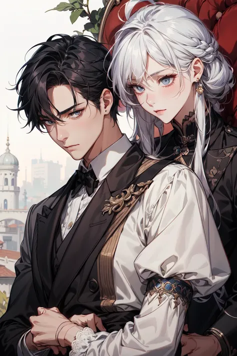 a close up of a person in a suit and a woman in a dress, Modern dress  in the style of guweiz, lovely couple, guweiz, by Yang J, delicate androgynous prince, sakimichan and frank franzzeta, trending on artstration, beautiful androgynous prince, in the art ...