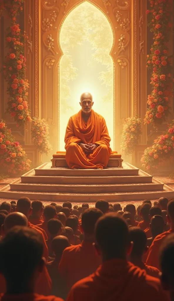 Prompt: A serene and divine scene of Premanand Ji Maharaj, a spiritual saint with a glowing face, dressed in traditional saffron attire, sitting on an elevated platform, addressing a large gathering of devotees. His calm expression radiates peace and wisdo...