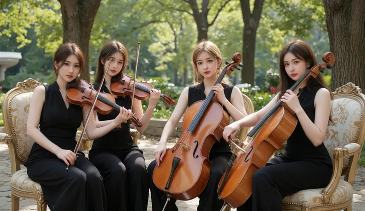 Make people brighter and bigger、bust shot、In a bright forest square、Wear a matching long black dress、Sit on a luxurious chair and play a string quartet inside、Four Beautiful Women、Can fit only 1 cello、The remaining 3 are violin and viola、No piano、 the four...