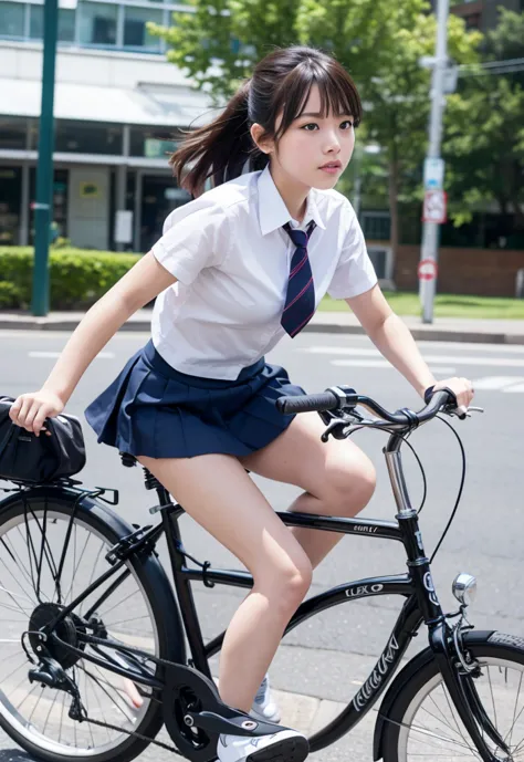 A schoolgirl in a mini skirt is riding a bicycle,The background is a panning shot.She is riding around a curve while leaning her bicycle.
