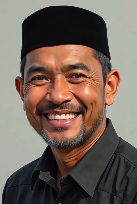 Indonesian young man, Javanese, handsome, Muslim, 40 years old, without mustache, smiling crookedly, wearing a black skullcap, realistic