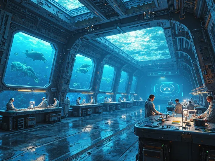 A massive futuristic deep-sea space station submerged in the ocean, resembling an advanced space station interior. The station is illuminated with blue and white neon lights, with high-tech control panels, floating holographic screens, and scientists in fu...