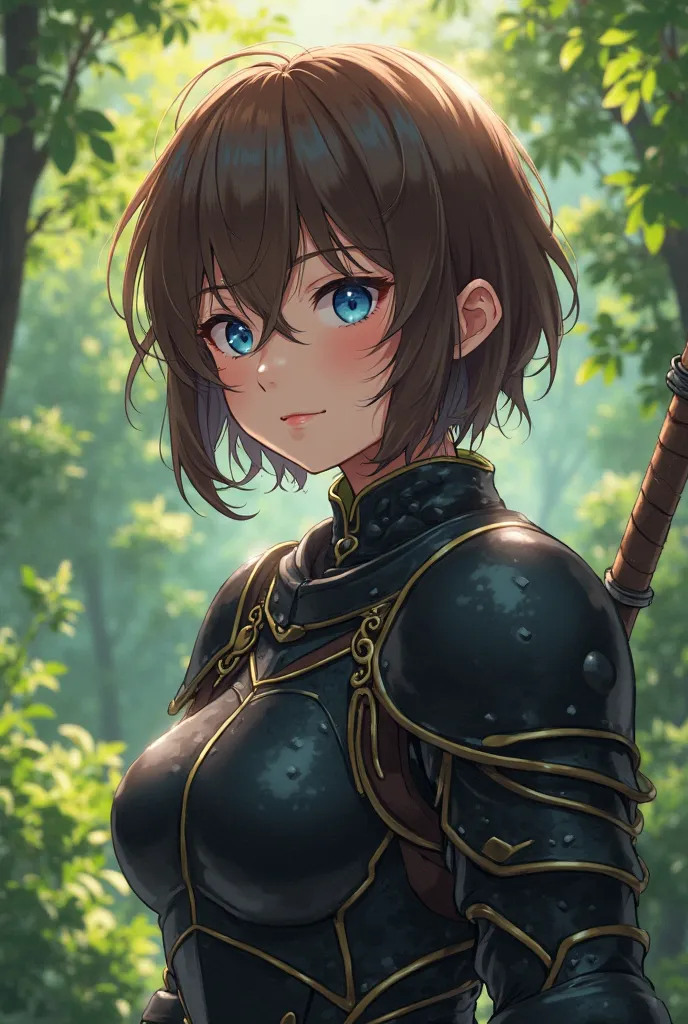 female anime knight with simple black armor, charmingly messy brown short hair, blue eyes, detailed facial features, lush greenery, 8K, high resolution, digital illustration, cinematic lighting, vibrant colors, dramatic lighting