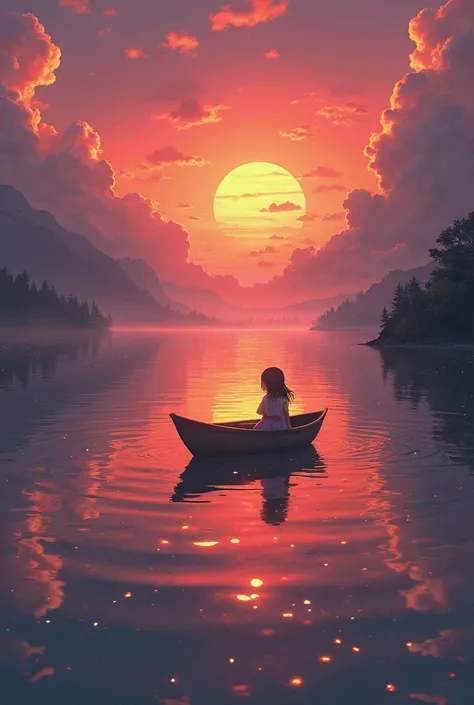 Make a huge river that is red purple yellow and orange because of the reflection of the setting sun and a young girl on a boat who u can’t see and make magical and natural 