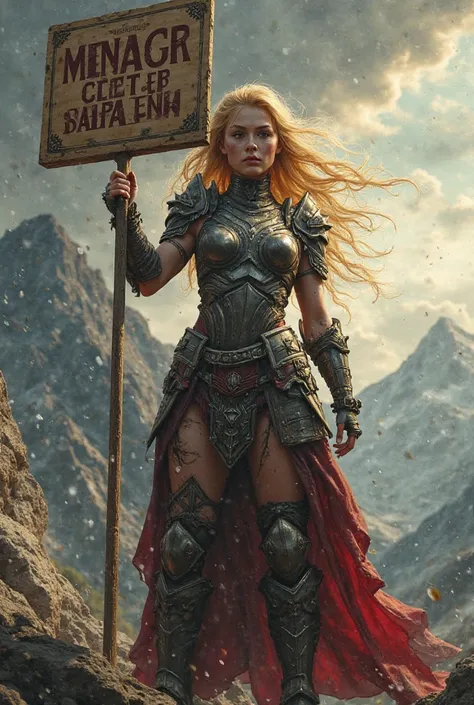 Blonde female warrior holding Row sign