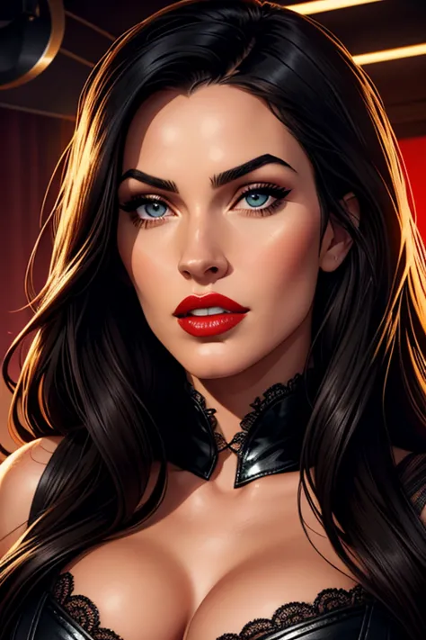 A waist-up portrait of a beautiful female whose facial features are a combo of Megan Fox + Kelly Brook. The female's hair is untied and hangs loose. The female wears a black leather-and-lace dress. The female has lovely makeup on her face. The female wears...