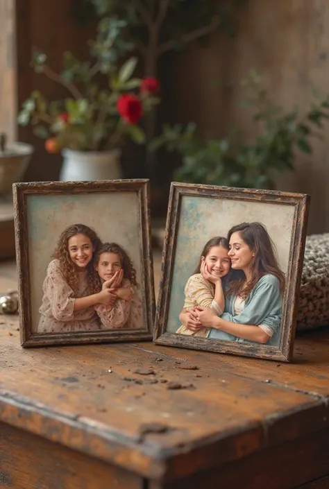 two sisters in photos album on the table 