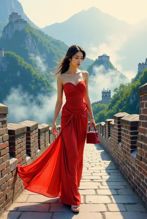 An oily watercolor painting of an 18-year-old giant Thai woman walking gracefully beside a Chinese city wall. Her stunning beauty is distinguished by arched eyebrows, plump lips and an oval face. She wore a stylish, fitted dress that enhanced her sensualit...