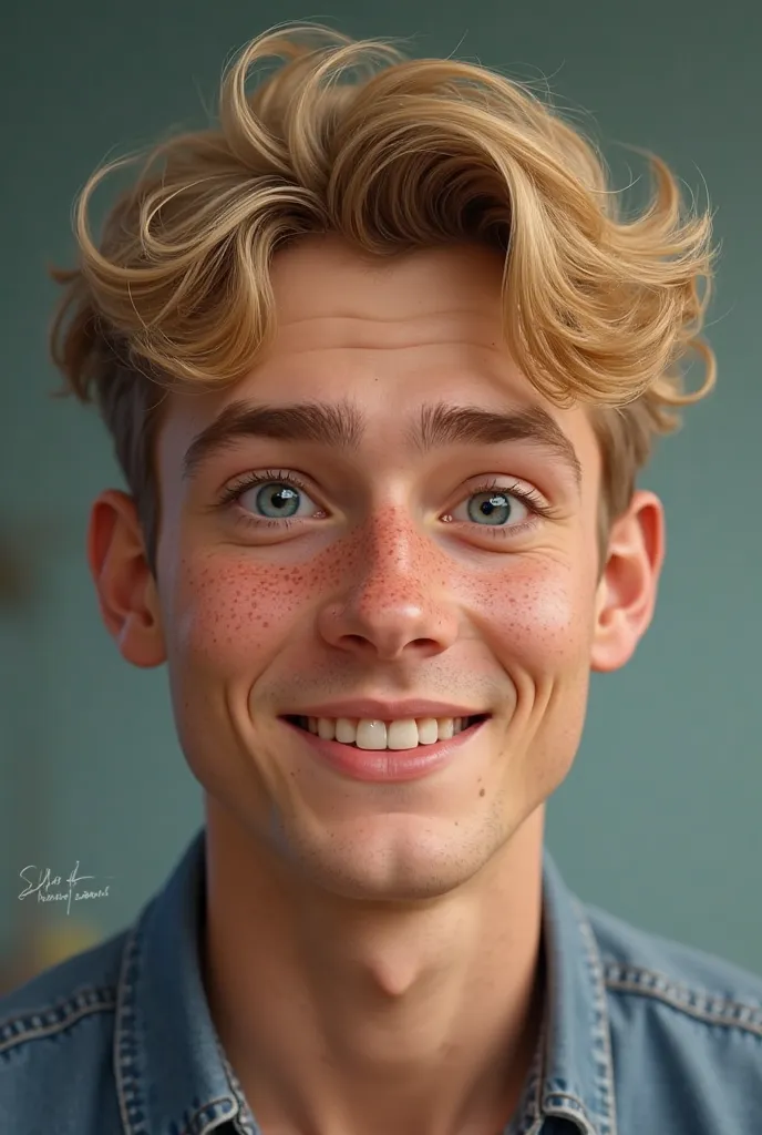 Create a picture of a man with short curly blonde hair, blue eyes and freckles all over his face. He is also smiling.

