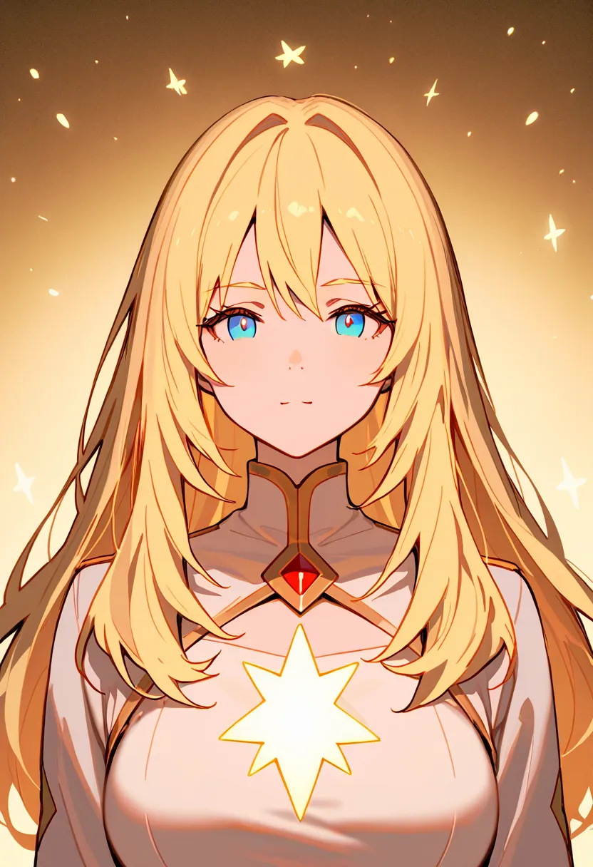 1 woman with beautiful long hair 
 light yellow hair  Light blue eyes shone with stars, a beautiful face, dressed in a white and blue Academia outfit.