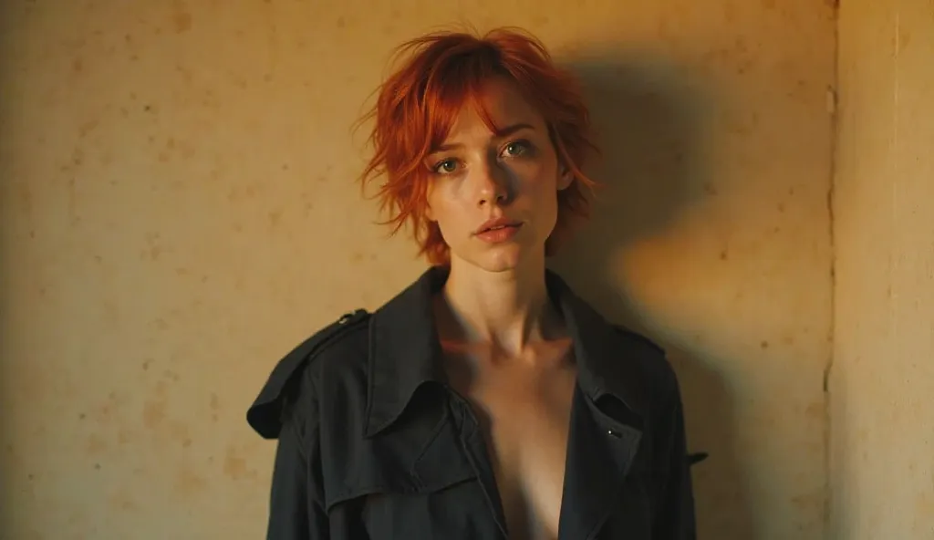 "A young woman with short, messy red hair, standing against a softly lit beige wall. She has an intense gaze, with slightly smudged eye makeup, giving her a melancholic yet confident look. She wears an oversized dark navy trench coat, left unbuttoned, reve...