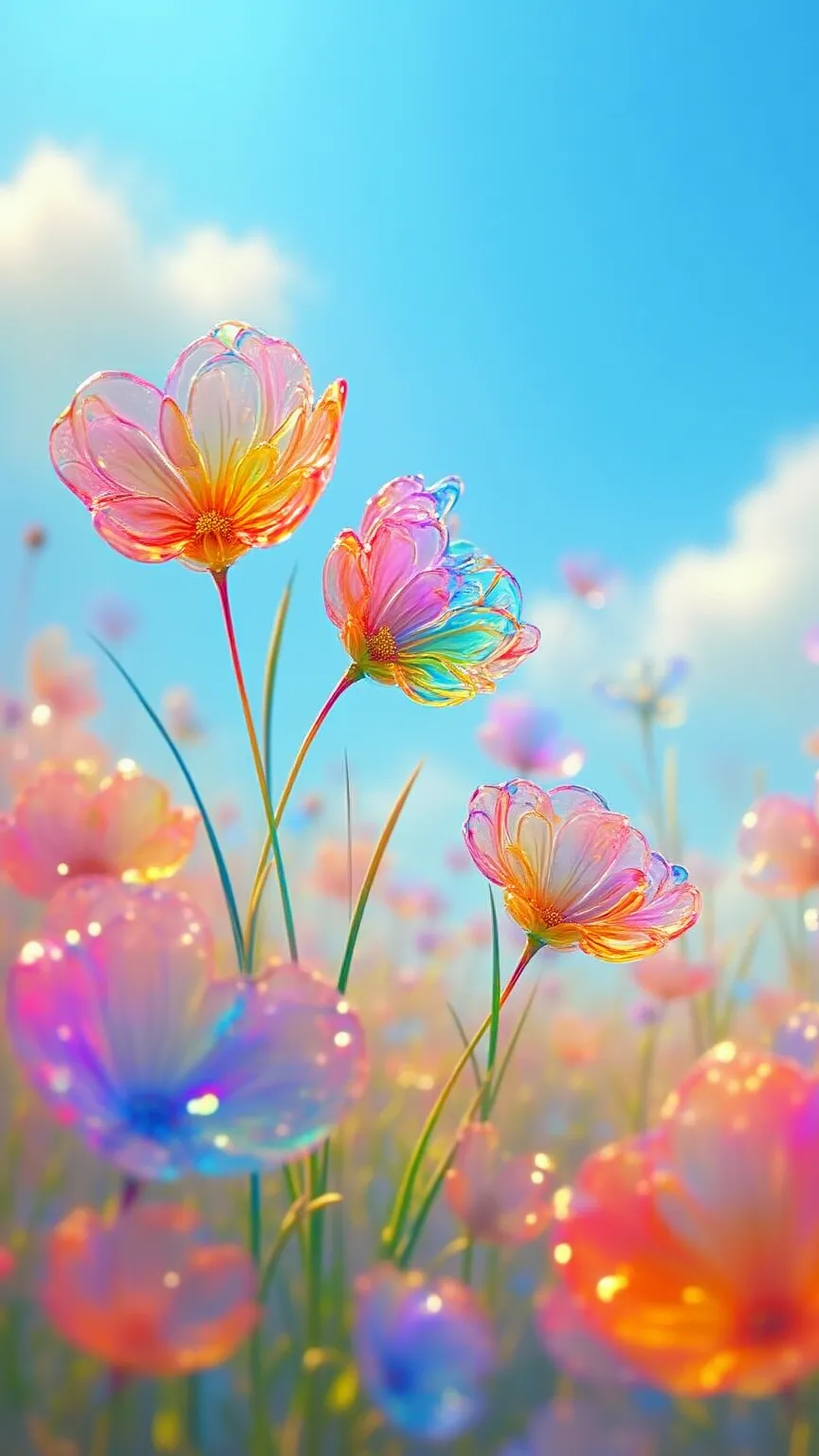 Hyperrealistic。depicts a fantastic rainbow-colored flower field。The petals shine like clear glass、Beautiful drops of water drift fluffily in the air。The petals shine like clear glass、it moves gracefully while reflecting light。The gentle wind shakes the flo...