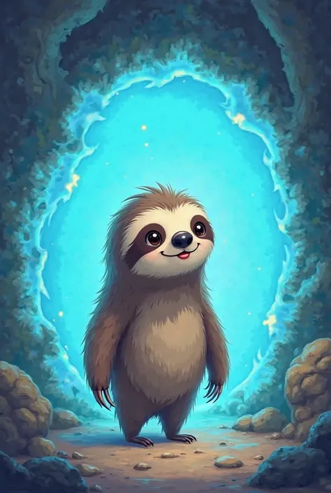 Cartoon sloth entering a blue portal