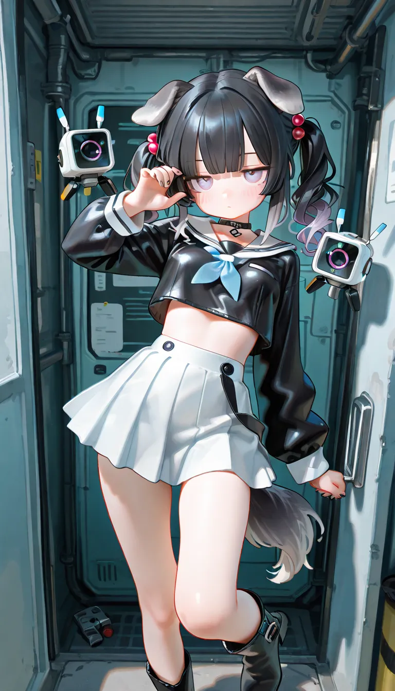 1girl, lavender eyes, jitome(0.5), Black Hair, white Grey Gradient Hair, blunt bangs, hime cut, Medium length twintails, curly hair, Full head of hair, dog tail, dog ears, small Breast, black clothes, black cropped top, Long sleeves, white pleated skirt, o...