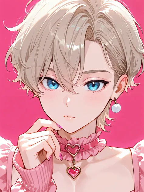 1boy, girly boy, gay, short hair, wavy hair, blonde hair, blue eyes, pastel pink nails
