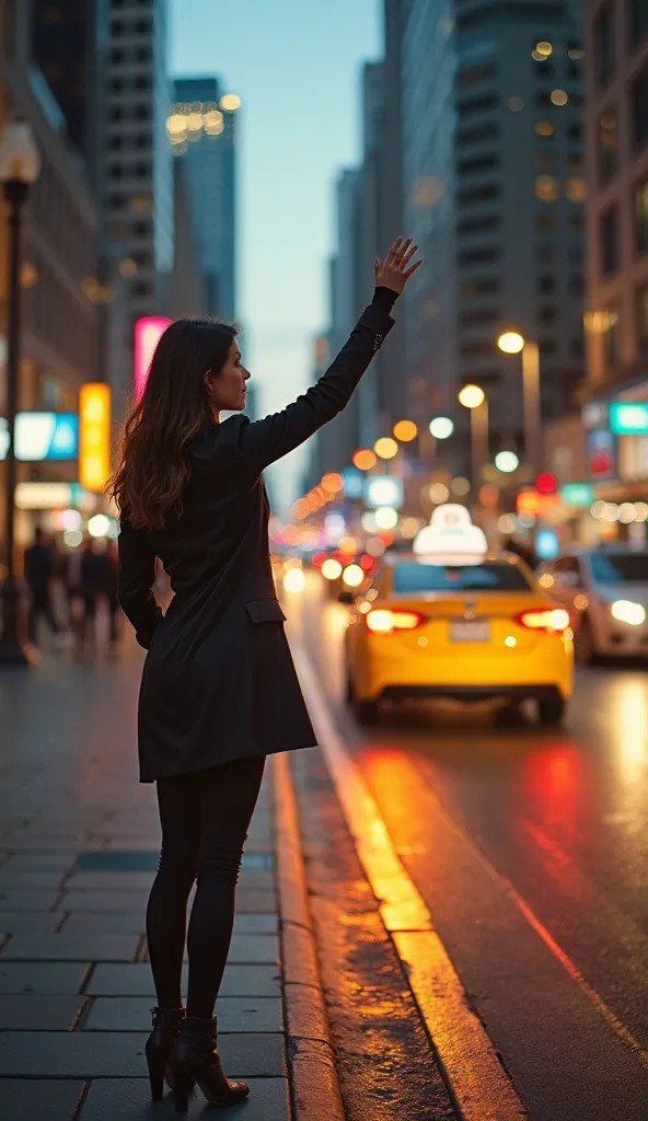 Full body shot. A woman catches a cab beside the road. There's a busy city around. Evening. Lots of moving lights. Blur effect --stylize 300 --profile 6gmup3m