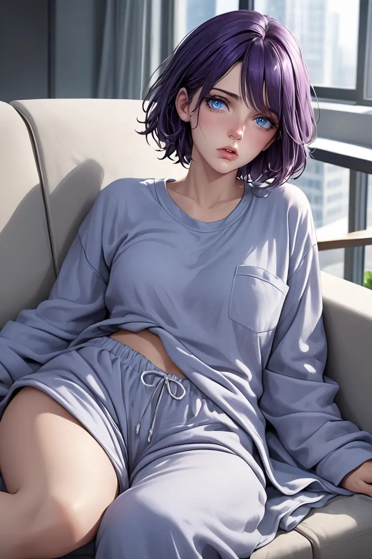 (masterpiece, best quality, 8k, high definition), whole body, woman, short dark purple hair, mid-chest, soft blue eyes, soft lips, caucasian, beautiful face, wearing a comfy grey shirt and pajama pants, natural light, detailed background, Detailed Illustra...