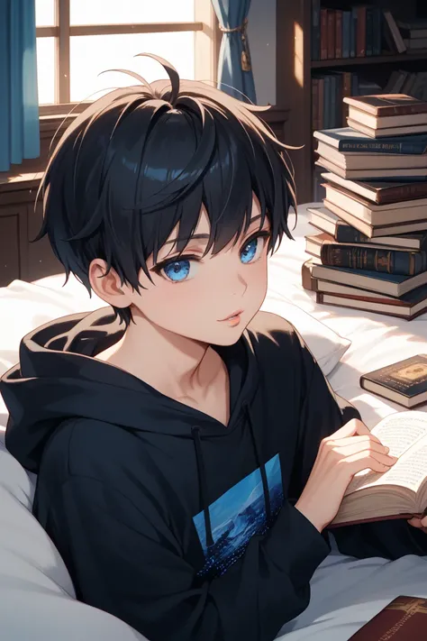 boy、berry short、 black hair、Blue-eyed 、 hoodie、Oversized、Half Body、Small face、Small lips、cool、cool、bedroom、 on the bet、 books to read aloud