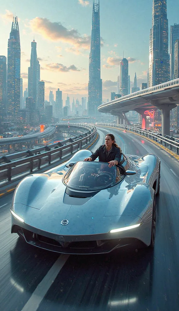 A person driving a car in a futuristic world