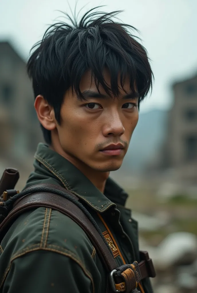 25-year-old handsome Asian man, black hair, VERY slanted brown eyes with white skin, He is part of a group of survivors in an apocalyptic world. His gaze is defiant