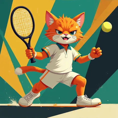 a cat is playing tennis with a ball in its paws and a racket in its paws, on a green, yellow, blue, and black background, Carlos Catasse, art deco, athletic, an art deco painting