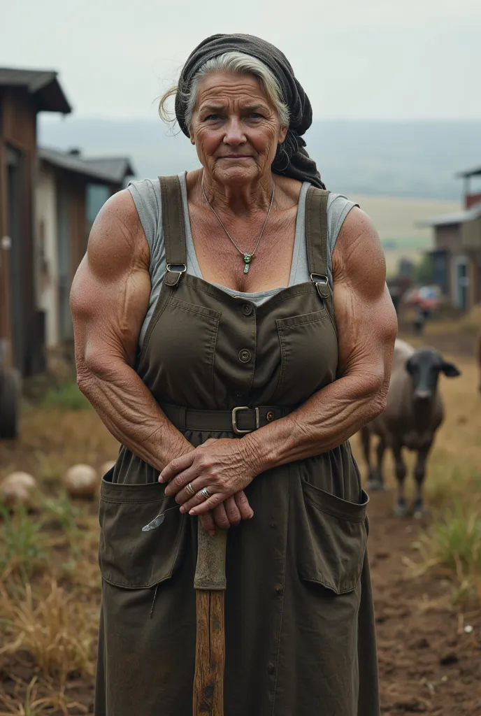 old farmer grandmother with biceps on a Soviet farm.  realistic photo