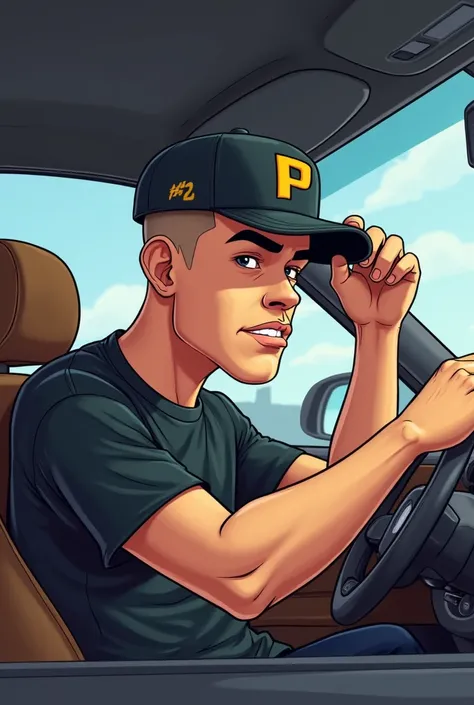 Create a cartoon picture of a gangster driver, at the age 29. High fade military haircut. Wearing a baseball cap with the letter P on the cap. He is sitting in a car driving with one hand on the steering wheel and the other trying to fix his cap. Wearing a...