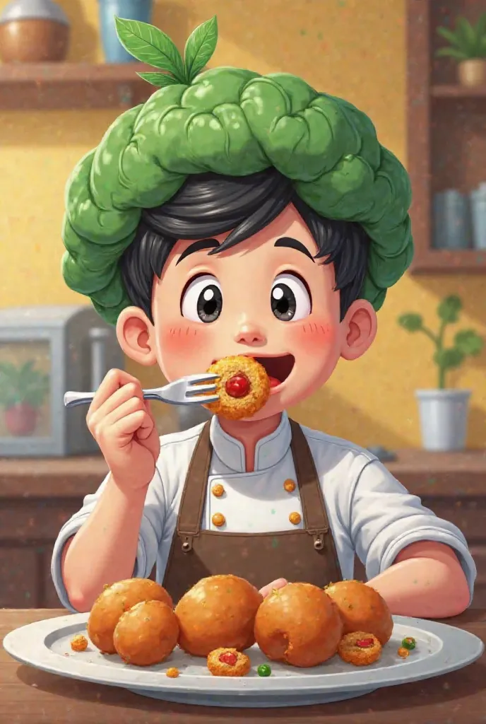 a cartoon chef wearing kangkong hat or leaf hat and eating a circular brown food (takoyaki sized) sticked on a two-head fork