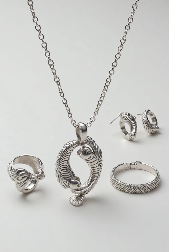 Create an image of a silver jewelry set representing the Pisces zodiac sign. The set should include a necklace, a ring, a bracelet, and earrings. The design should be modern, minimalistic, and elegant, suitable for young individuals who appreciate simplici...