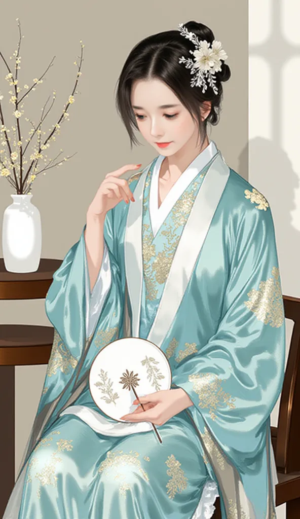  a digital illustration that combines elements of both photography and painting. It depicts a serene and elegant scene featuring a woman dressed in traditional Japanese attire. The woman is seated on a wooden chair, holding a white fan adorned with delicat...