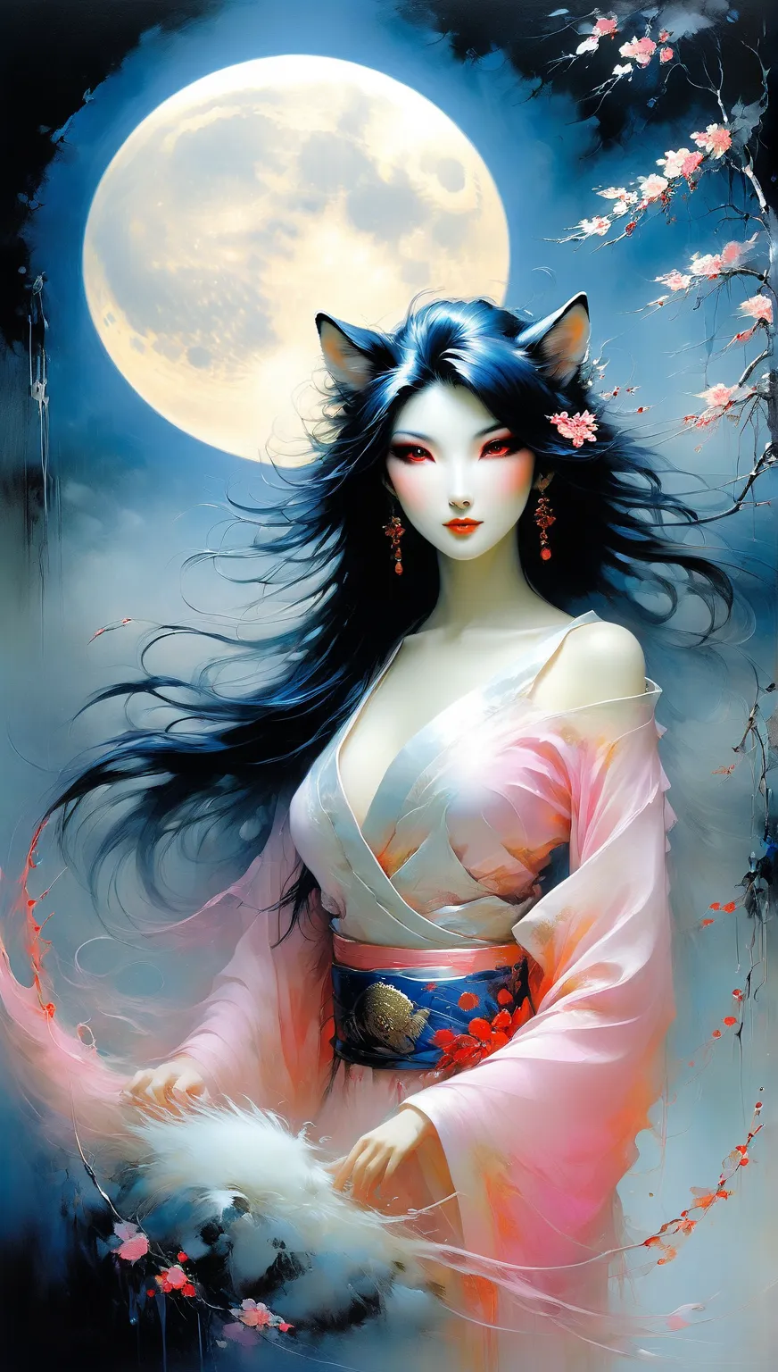 A beautiful Japanese werewolf named Okami emerges under the moon's ethereal glow. Her skin emanates a warm tone, contrasting with her long black hair adorned with pink highlights. With a slender and graceful body, she exudes an aura of elegance. Okami's pi...