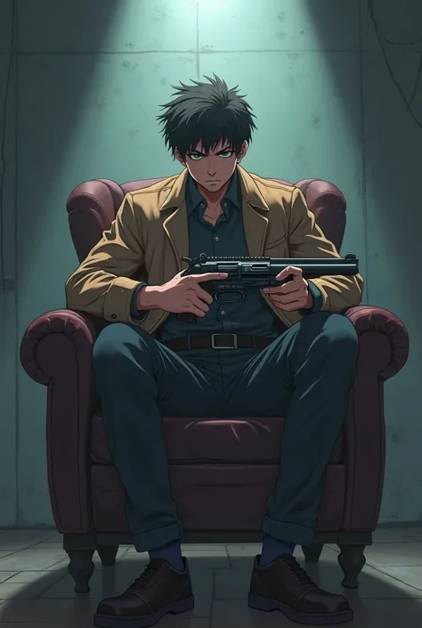 boy anime dominant sit in chair while hold gun