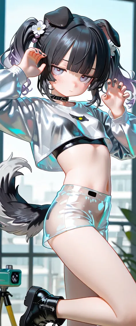 1girl, lavender eyes, jitome(0.5), Black Hair, white Grey Gradient Hair, blunt bangs, hime cut, Medium length twintails, curly hair, Full head of hair, dog tail, dog ears, small Breast, street clothes, black cropped top, Long sleeves, clear vinyl pants, fl...