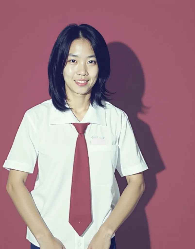 A high-resolution, detailed, and realistic portrait of a young Asian woman with shoulder-length black hair, wearing a white short-sleeved uniform with a red necktie. She is standing against a solid-colored background with soft lighting. Her expression is n...